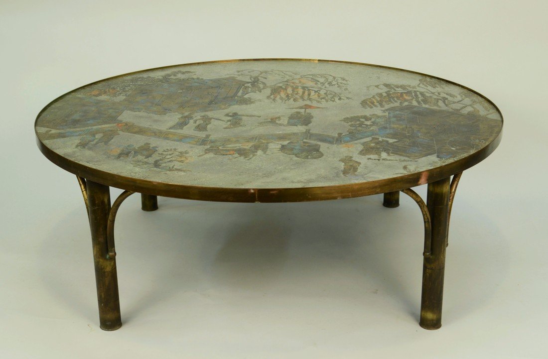 PHILIP & KELVIN LAVERNE CHAN COFFEE TABLE, circa 1960;: PHILIP & KELVIN LAVERNE CHAN COFFEE TABLE, circa 1960; signed Philip Kelvin Laverne; etched bronze with four legs; diameter: 47 1/2 inches; height: 17 inches