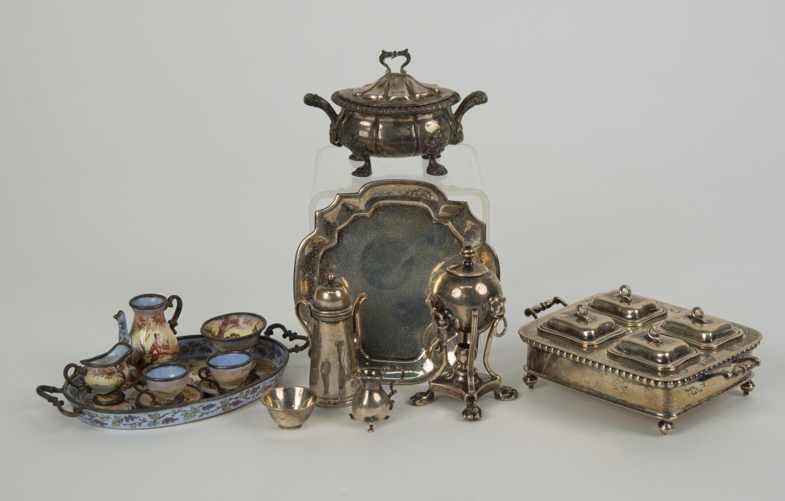 COLLECTION OF AMERICAN SILVER MINIATURES;: including: a tureen, a coffee service on tray, a 4 dish server and a hot water kettle; together with a MINIATURE ENAMEL TEA SERVICE; total weight of silver: 12.9 ozs.