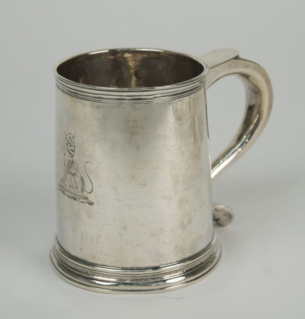 ENGLISH SILVER MUG, possibly London, 1702: ENGLISH SILVER MUG, possibly London, 1702, William Gibson, maker height: 3 3/4 in.; weight: 8 ozs.