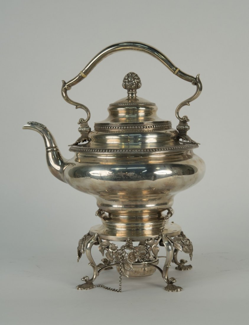 AMERICAN SILVER HOT WATER KETTLE, Tiffany & Co.: AMERICAN SILVER HOT WATER KETTLE ON STAND, Tiffany & Company, maker; height: 14 in.; weight: 72 ozs.