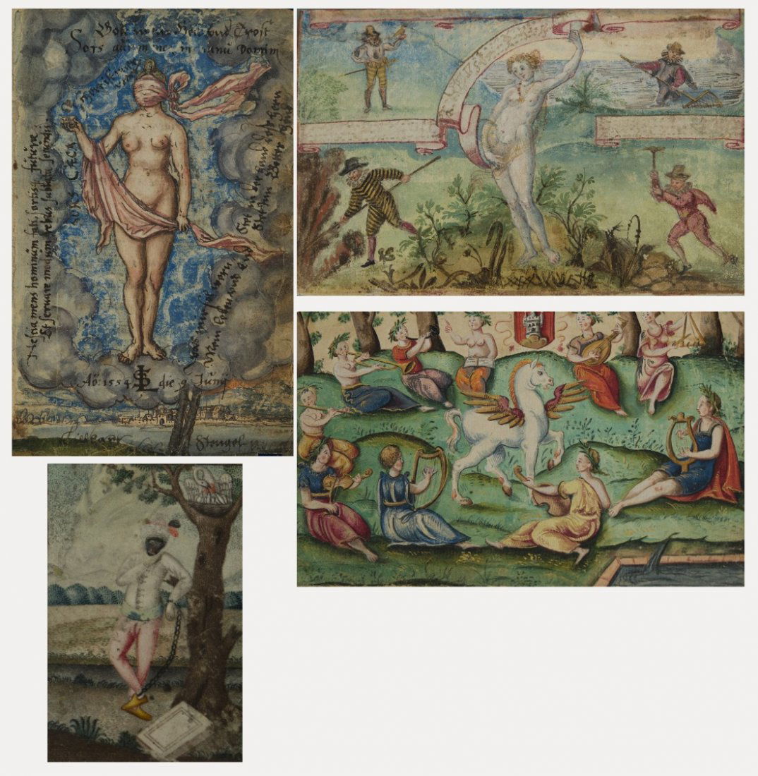 GERMAN SCHOOL (18th century and earlier) FOUR DRAWINGS: GERMAN SCHOOL (18th century and earlier) FOUR OLD MASTER DRAWINGS three watercolors and gouache on paper; one watercolor and gouache on vellum; one drawing depicting the subject of Sors (fortune, cha