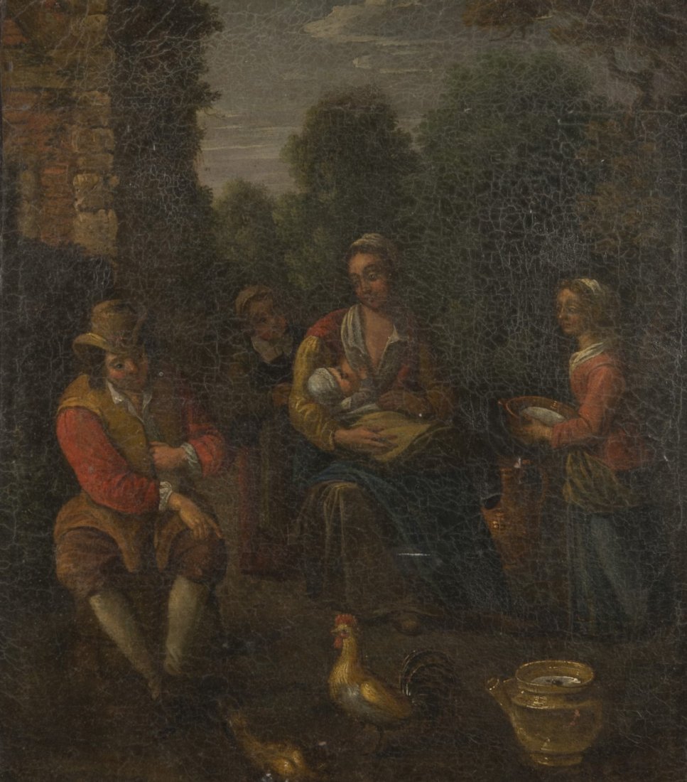 EUROPEAN SCHOOL (18th century) GENRE SCENE: EUROPEAN SCHOOL (18th century) GENRE SCENE oil on canvas; depicting figures in a farm yard with a suckling baby; 23 x 19 in. (25 x 23 in.)