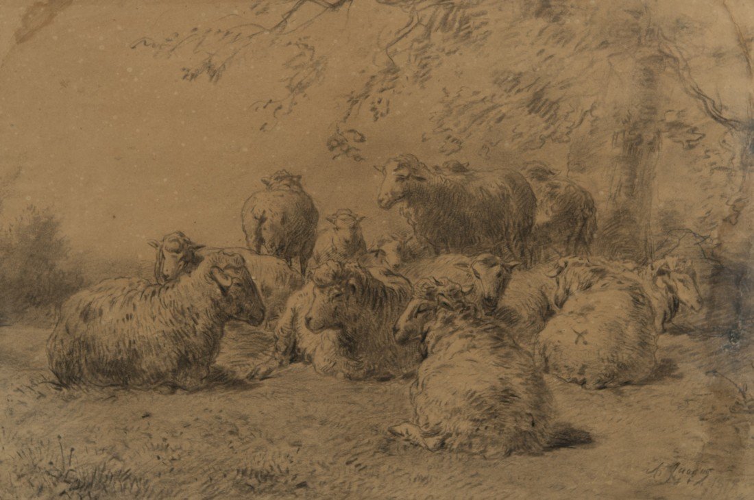 CHARLES EMILE JAQUE (French, 1813-1894) SHEEP RESTING: CHARLES EMILE JAQUE (French, 1813-1894) SHEEP RESTING BENEATH A TREE 187 ; charcoal on paper; signed and dated Ch. Jaque / 1872, l.r.; 11 1/2 x 17 1/2 in. (18 x 23 in.)