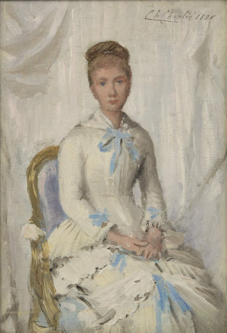 CHARLES CHAPLIN (French, 1825-1891) PORTRAIT OF A WOMAN: CHARLES CHAPLIN (French, 1825-1891) PORTRAIT OF A WOMAN IN WHITE WITH BLUE TRIM 1886; oil on canvas; signed and dated Ch. Chaplin 1886, u.r.; 10 1/2 x 7 1/2 in. (15 1/4 x 12 1/4 in.) Provenance: The C