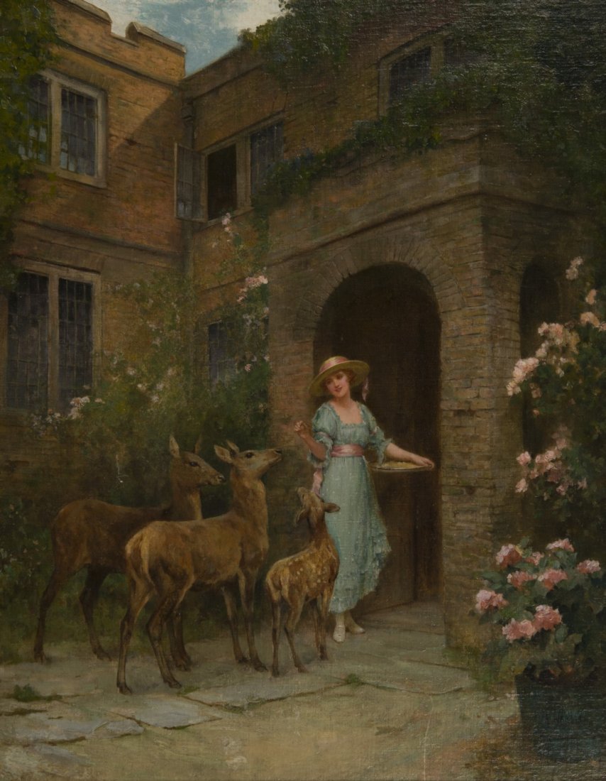 ARTHUR WARDLE (English, 1864-1949) LADY IN A GARDEN: ARTHUR WARDLE (English, 1864-1949) LADY IN A GARDEN WITH DEER oil on canvas; signed A. Wardle, l.r.; 27 1/2 x 22 1/2 in. (36 1/2 x 30 1/2 in.)