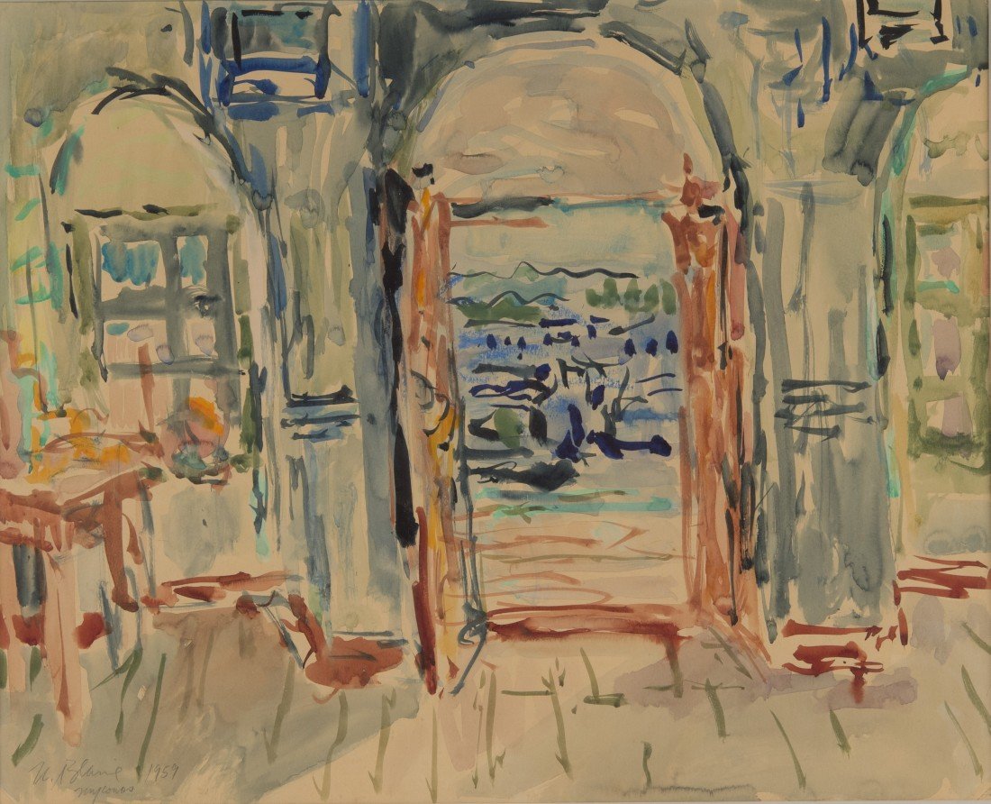 NELL BLAINE (American, 1922-1996) INTERIOR OF STUPA: NELL BLAINE (American, 1922-1996) INTERIOR OF STUP HOUSE #2A1959; watercolor; signed, dated, and inscribed N. Blaine 1959 Myconos, l.l.; sight: 15 1/4 x 19 in. (23 x 26 1/2 in.) Provenance: Property