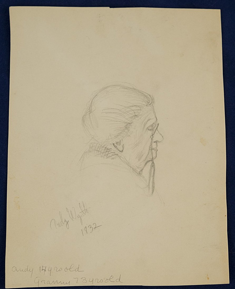 ANDREW WYETH (American, 1917-2009) PORTRAIT OF GRANNY: ANDREW WYETH (American, 1917-2009) PORTRAIT OF GRANNY1932; pencil on paper; signed and dated Andy Wyeth / 1932, l.l.; inscribed Andy 14 yrs old / Granny 73 yrs old, l.l; 6 1/2 x 5 in. Provenance: By