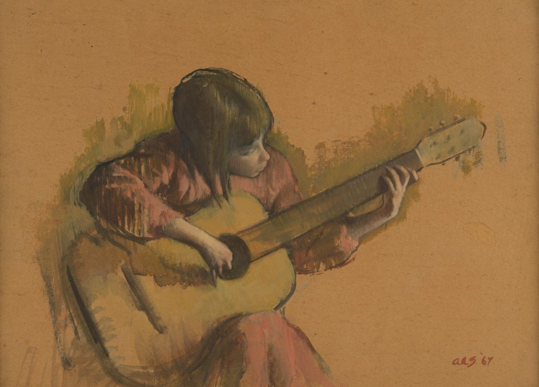 AARON SHIKLER (American, b. 1922) CATHY AT PRACTICE: AARON SHIKLER (American, b. 1922) CATHY AT PRACTICE 1967; oil on cardboard; initialed and dated ARS '67, l.r.; bears Davis Galleries, New York label, verso; 10 1/8 x 13 3/4 in. (15 x 18 1/2 in.)