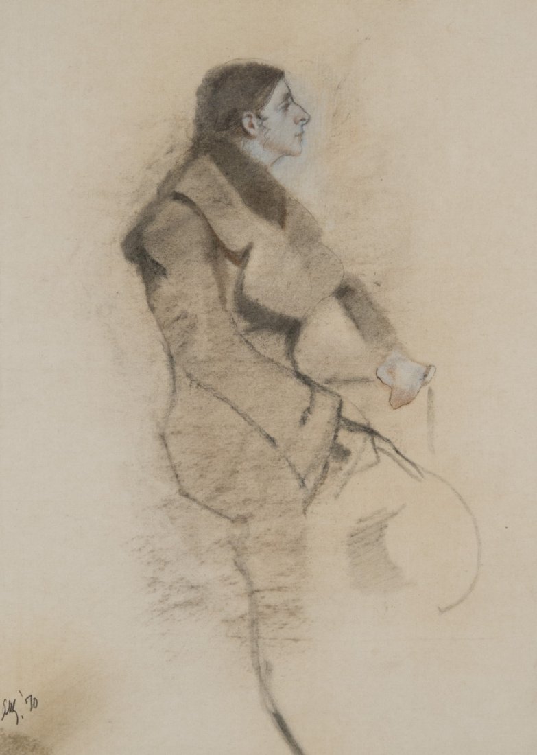 AARON SHIKLER (American, b. 1922) SEATED FIGURE IN: AARON SHIKLER (American, b. 1922) SEATED FIGURE IN PROFILE 1970; charcoal, sanguine, and chalk on paper; initialed and dated ARS '70, l.l.; bears Davis Galleries, New York label, verso; 13 x 9 in. (