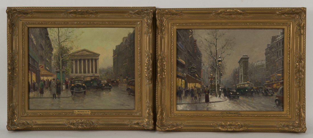 LEON NOIREAUT (French, 1890-1960) TWO VIEWS: LEON NOIREAUT (French, 1890-1960) PORT ST. MARTIN and EGLISE ST. MADELINE pair of oils on board; 10 1/2 x 13 3/4 in. (15 1/2 x 18 1/2 in.) each