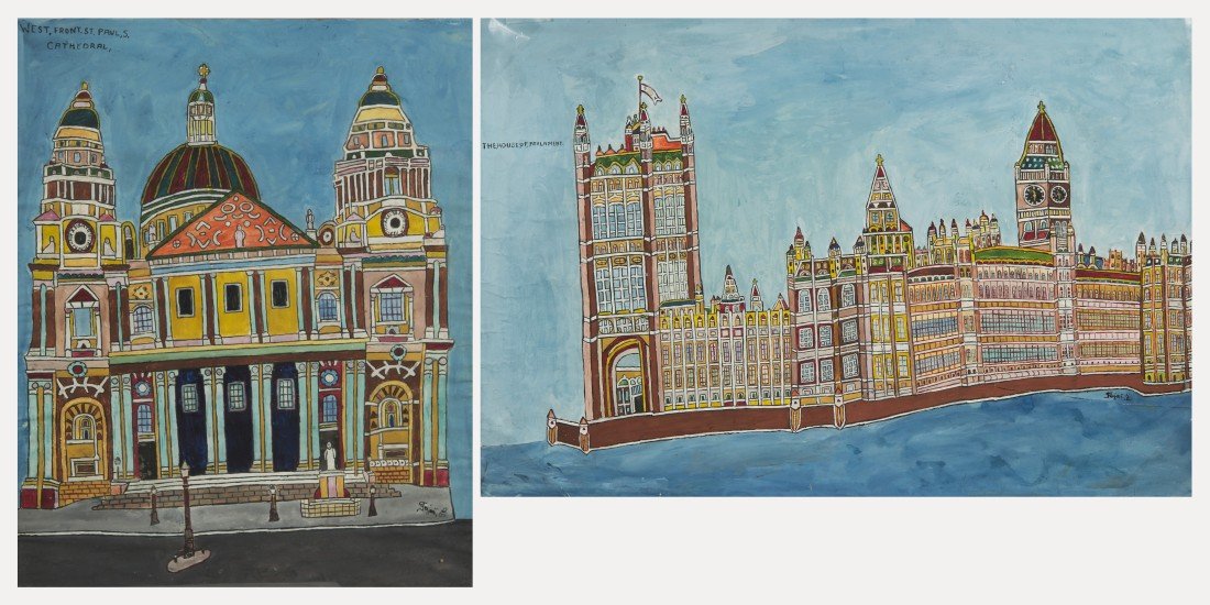 EMERICK FEJES (Yugoslavian, 1904-1969) TWO TEMPERA: EMERICK FEJES (Yugoslavian, 1904-1969) THE HOUSE OF PARLIAMENT and ST. PAUL'S CATHEDRAL two tempera's on paper; The House of Parliament: titled, u.l.; signed, l.r., 22 1/2 x 33 in.; St. Paul's Cathedr