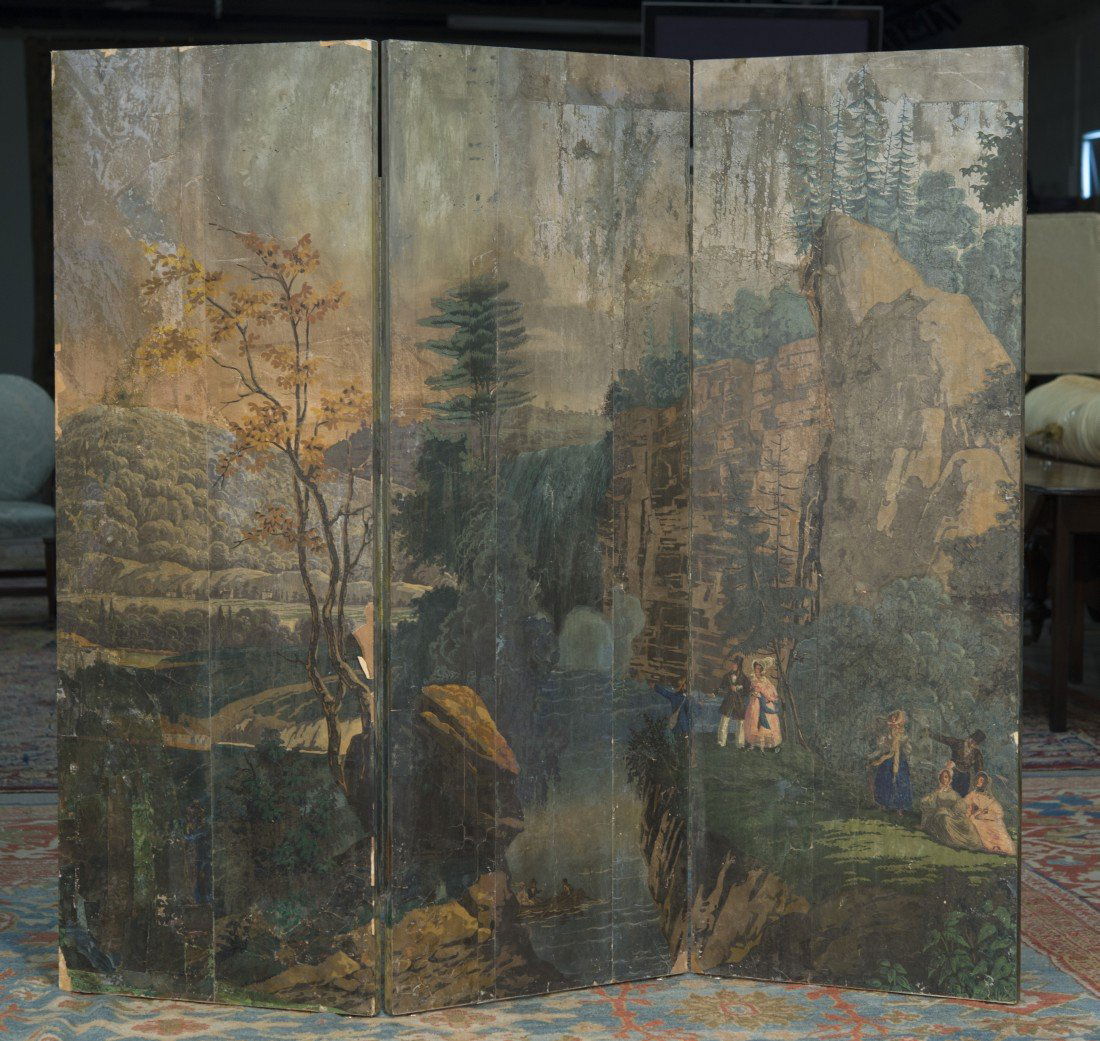 THREE PANEL WALLPAPER SCREEN;: THREE PANEL WALLPAPER SCREEN; one side depicting figures at leisure with a harbor scene, the other side figures at leisure in the countryside; height: 65 1/2 in.; width of each panel: 24 in.