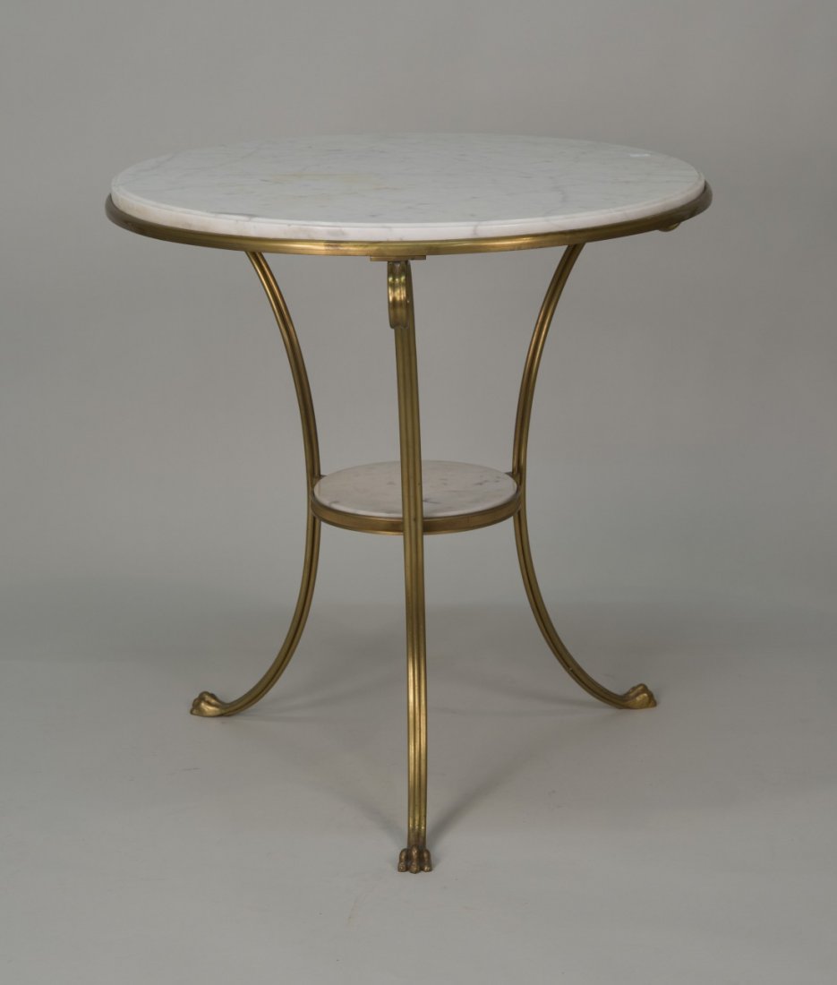 LOUIS XVI STYLE GILT BRONZE MARBLE TOP GUERIDON;: LOUIS XVI STYLE GILT BRONZE MARBLE TOP GUERIDON; height: 26 in.; diameter: 26 in.