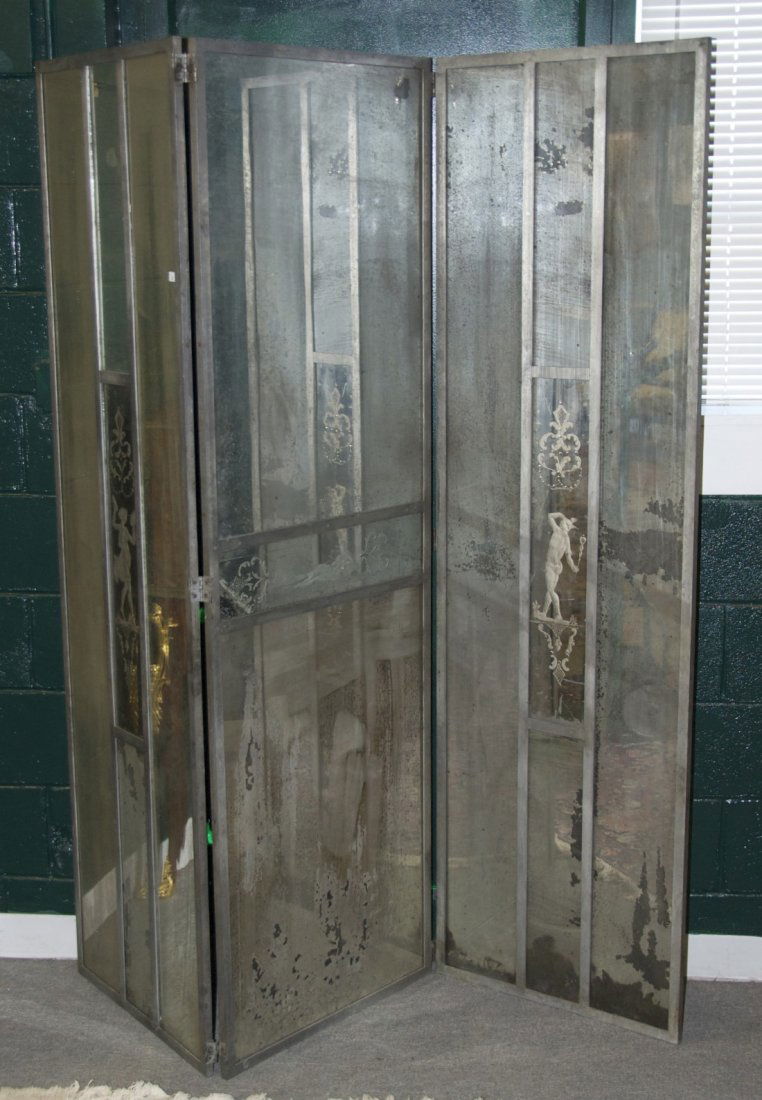 CONTINENTAL MIRRORED THREE PANEL SCREEN;: CONTINENTAL MIRRORED THREE PANEL SCREEN; height: 73 in.; width: 66 in. Provenance:Property of a Boston Lady.