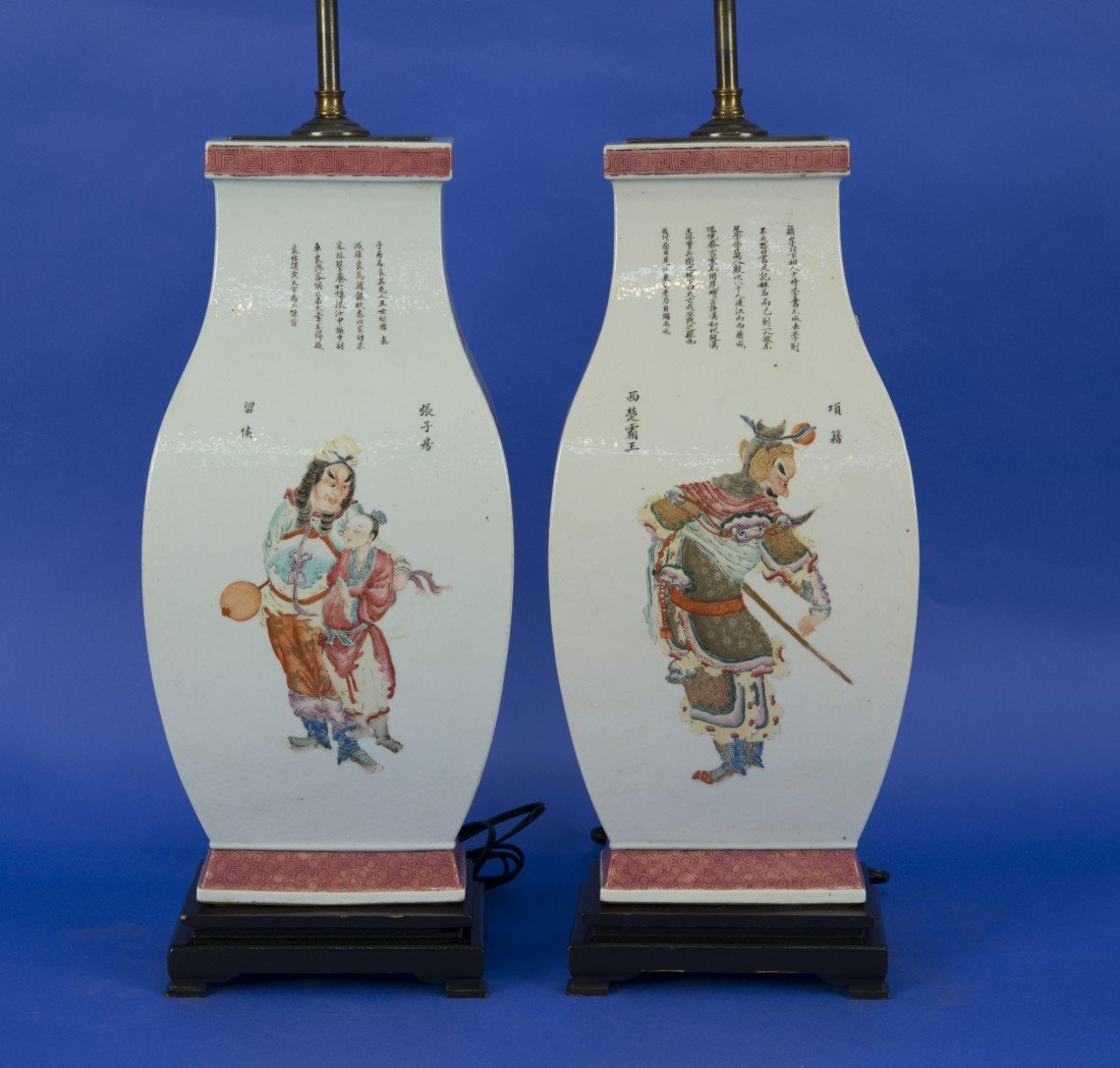 PAIR OF FINE CHINESE PORCELAIN VASES;: PAIR OF FINE CHINESE PORCELAIN VASES; now mounted as lamps; height of vases: 18 in. Property of a Boston Lady.