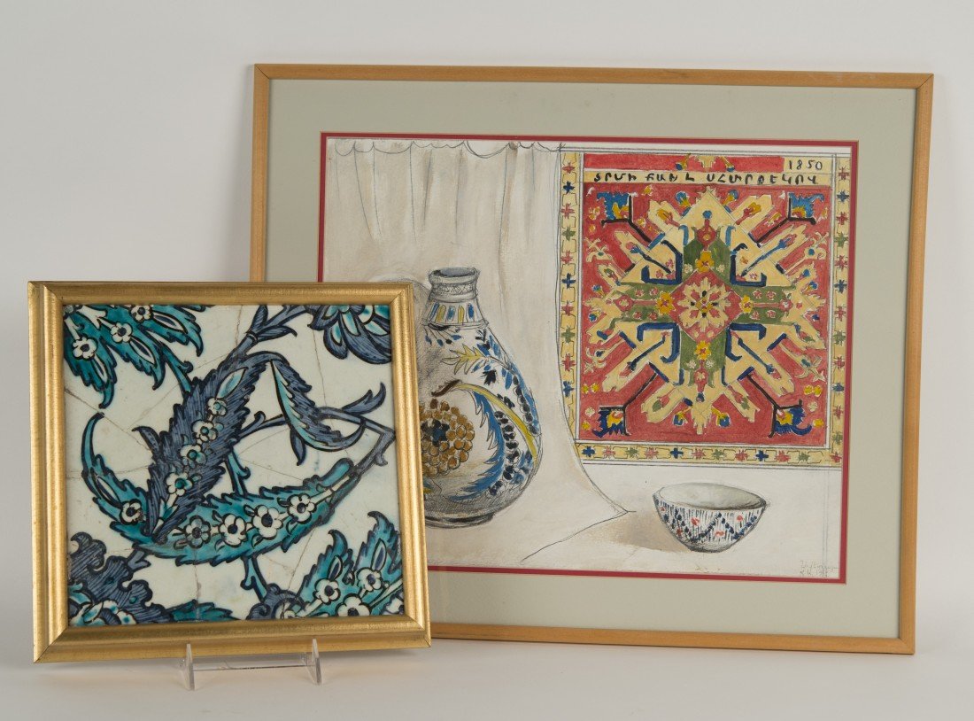 DECORATIVE WATERCOLOR PAINTING BY LAURA AVETISYAN,: DECORATIVE WATERCOLOR PAINTING BY LAURA AVETISYAN, Armenian, 20th c. depicting a Turkish Pottery Vase and Eagle Kazak Rug; framed: 21 in. x 18 in.; together with an IZNIK TILE, framed: 10 1/2 in. x 11
