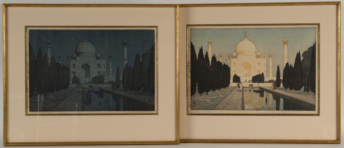 HIROSHI YOSHIDA (Japanese, 1876-1950) TAJ MAHAL NO. 1,: HIROSHI YOSHIDA (Japanese, 1876-1950) TAJ MAHAL NO. 1, ca. 1931 TAJ MAHAL- NIGHT, ca. 1931 two color woodblock prints; each signed in pencil, l.r.; titled in pencil, l.l.; and bearing Chinese characte