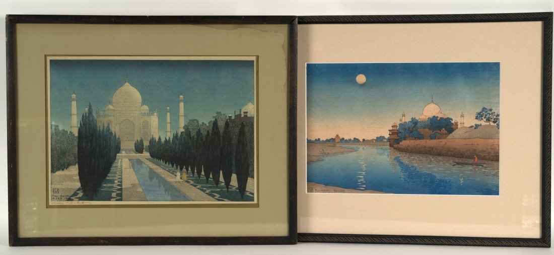 CHARLES W. BARTLETT (English, 1860-1940) TAJ MAHAL,: CHARLES W. BARTLETT (English, 1860-1940) TAJ MAHAL, AGRA and TAJ MAHAL, TWILIGHT two color woodblock prints; Taj Mahal, Agra, 1916; signed in red pencil, l.l.; titled and monogrammed, l.l.; bearing ga