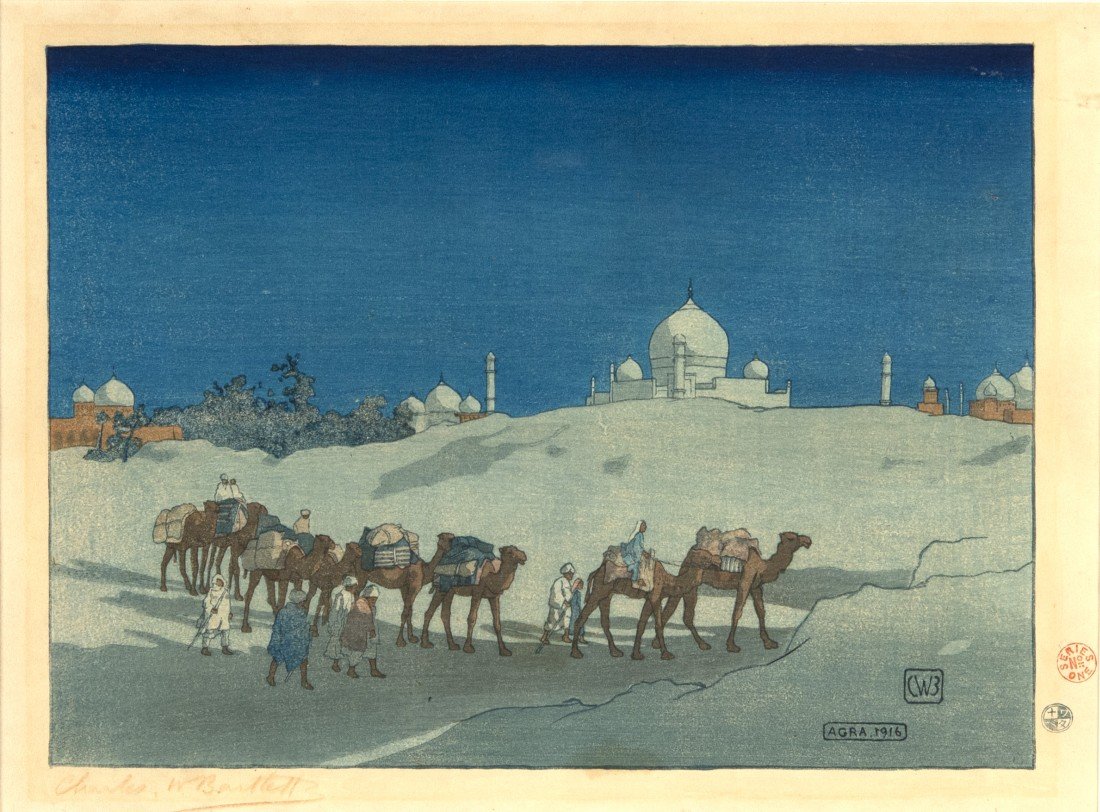CHARLES W. BARTLETT (English, 1860-1940) AGRA or: CHARLES W. BARTLETT (English, 1860-1940) AGRA or CARAVAN AT NIGHT 1916; color woodblock print; signed in red pencil, l.l.; artist's seal, l.r., publisher's seal for Watanabe Shozaburo, l.r. margin, 8