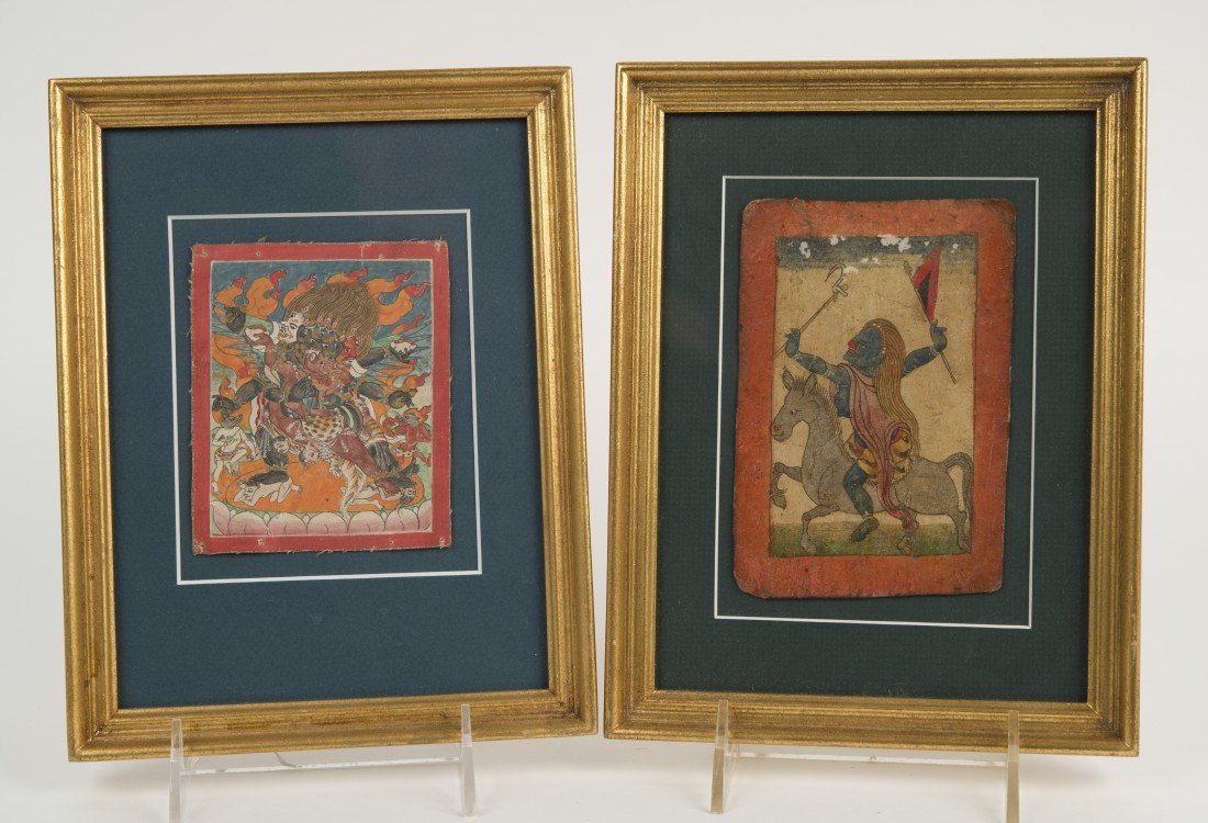 TWO FRAMED TIBETAN TSAKALI ON CLOTH, 17th century;: TWO FRAMED TIBETAN TSAKALI ON CLOTH, 17th century; one depicting a deity; 4 1/8 x 3 3/8 in. (9 x 7 in).; the other depicting a warrior on horseback; 5 1/4 x 3 1/2 in.( 9 x 7 in.) Provenance: Astamanga