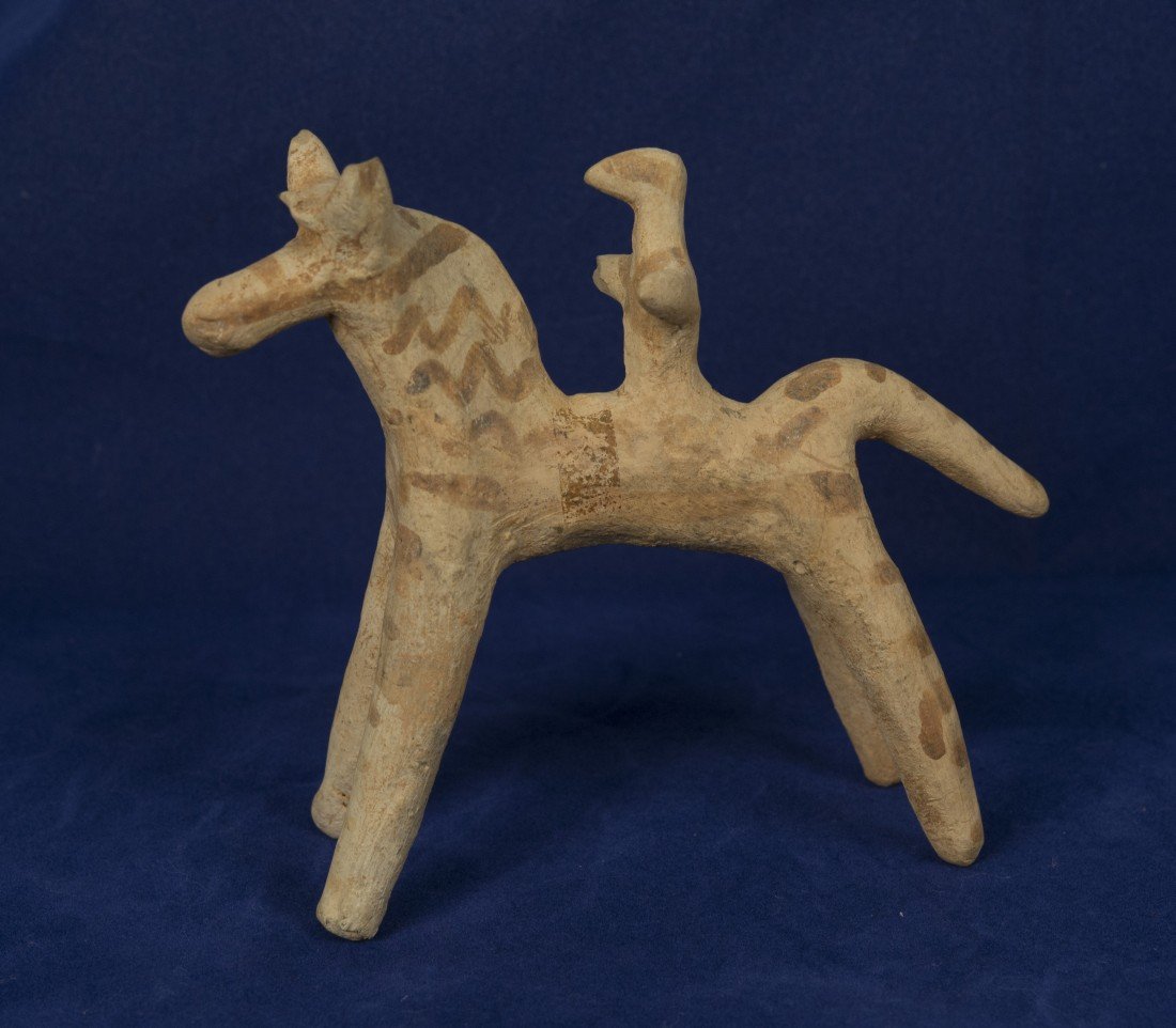 ARCHAIC PAINTED TERRACOTTA FIGURE OF HORSE AND RIDER,: ARCHAIC PAINTED TERRACOTTA FIGURE OF HORSE AND RIDER, Boetia, 8th century BC; height: 5 in. Provenance: Jacques Schulman, Amsterdam, 1964; Property of a New York City family