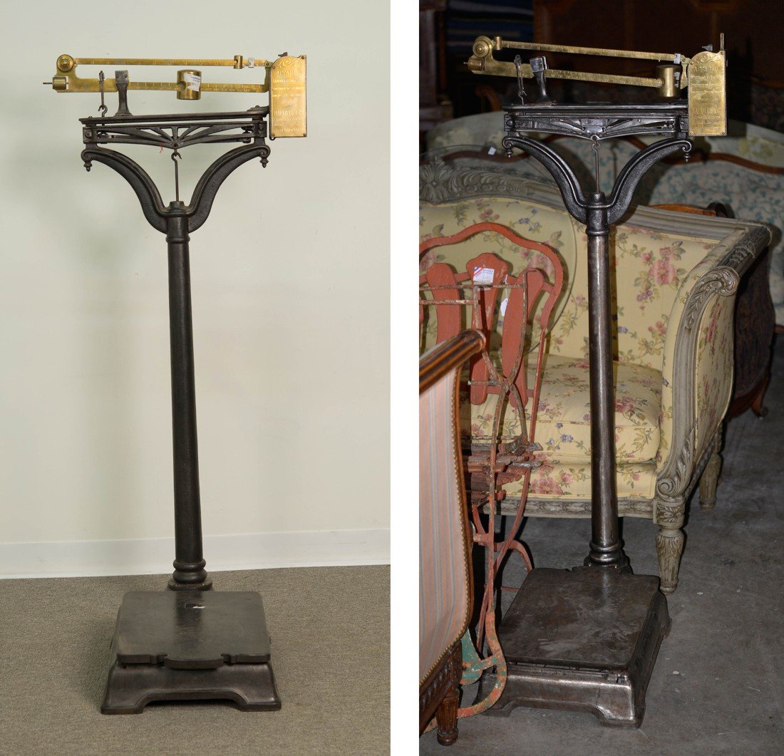 TWO FRENCH IRON AND BRASS SCALES, Bataille & Cie, maker;: TWO FRENCH IRON AND BRASS SCALES, Bataille & Cie, maker; height: 55 in.