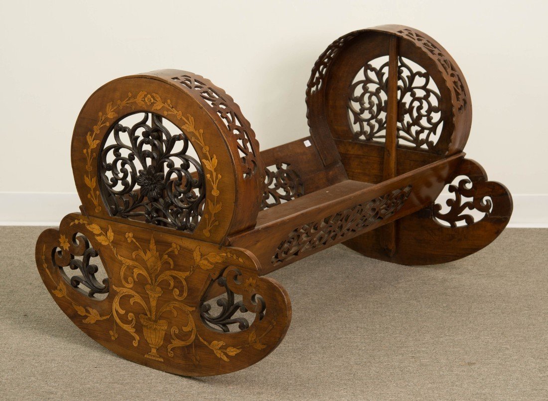 UNUSUAL CONTINENTAL MARQUETRY INLAID CRADLE;: UNUSUAL CONTINENTAL MARQUETRY INLAID CRADLE; height: 26 in., width: 40 in., depth: 26 in.