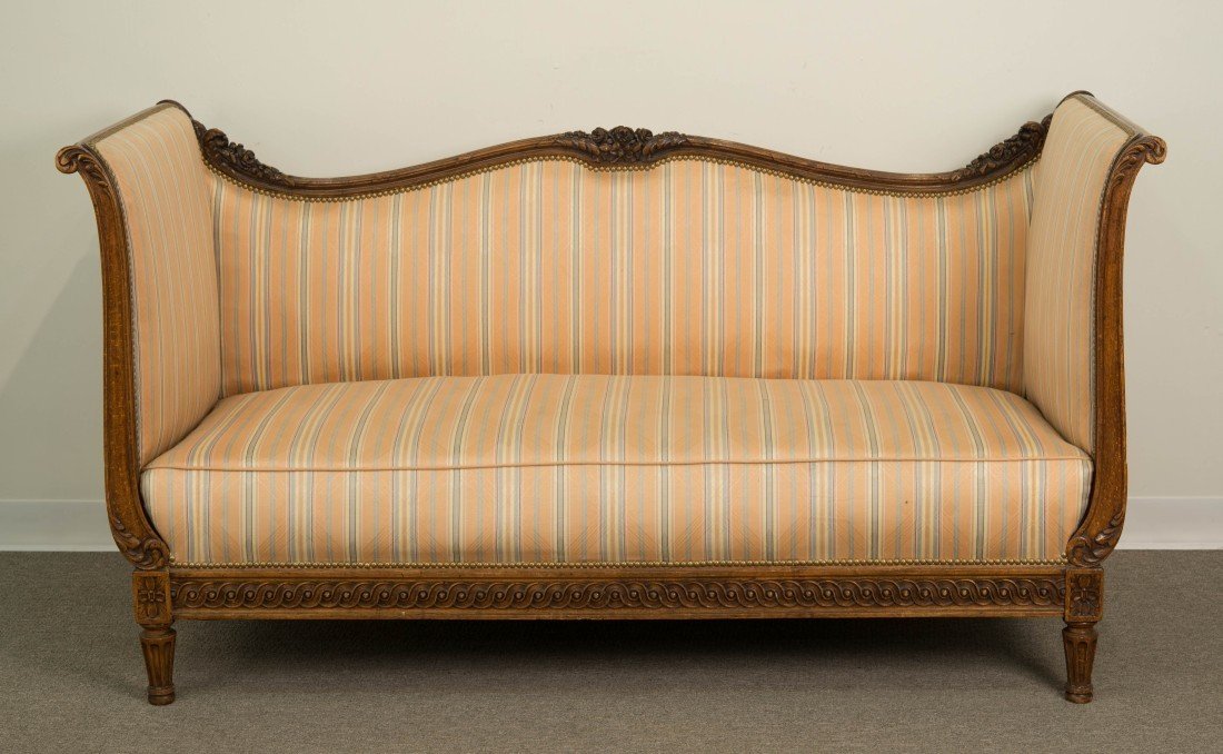 FRENCH CARVED WALNUT UPHOLSTERED CANAPE;: FRENCH CARVED WALNUT UPHOLSTERED CANAPE; height: 36 in., width: 66 in., depth: 28 in.
