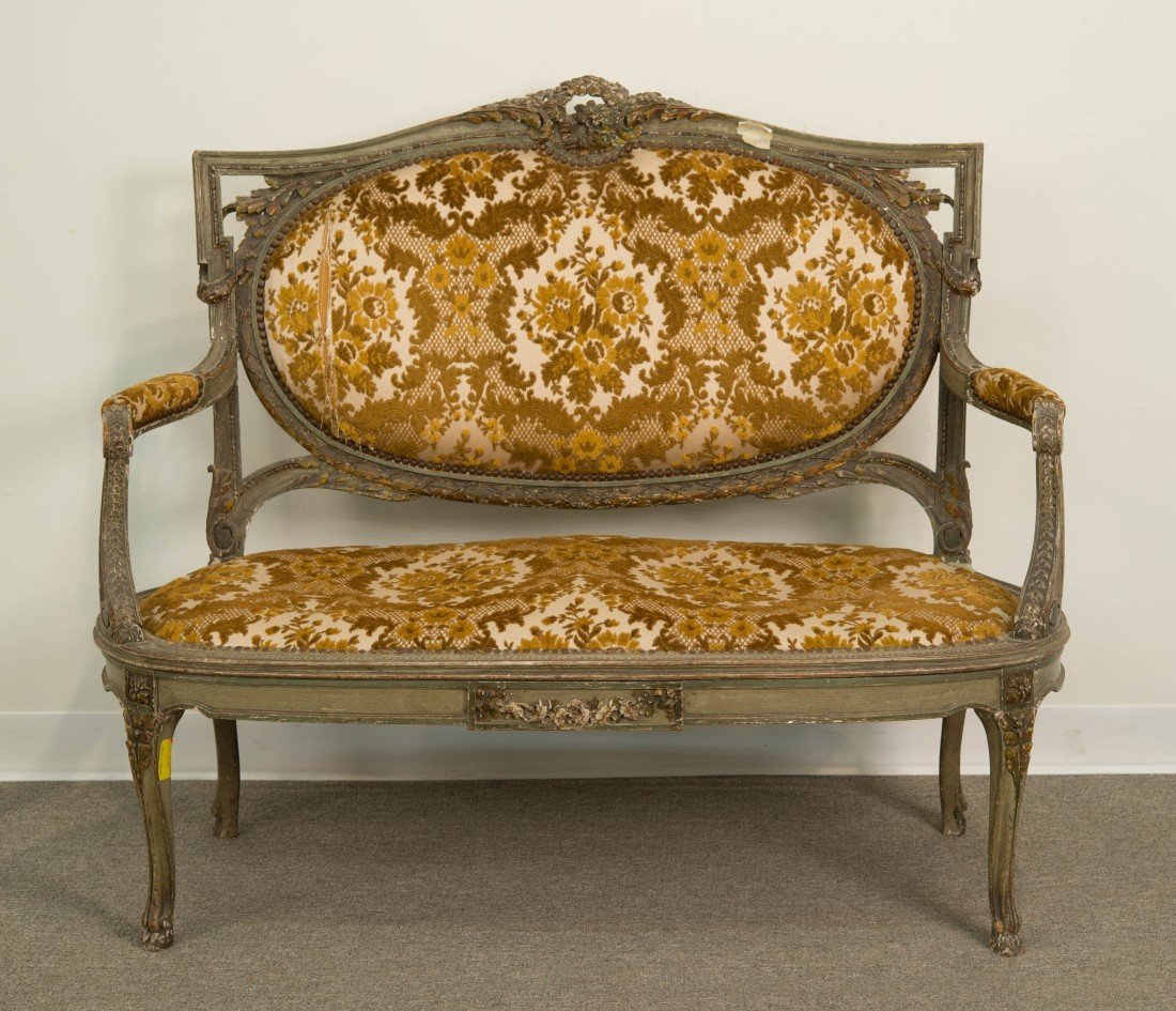 LOUIS XVI STYLE CARVED AND PAINTED UPHOLSTERED CANAPE;: LOUIS XVI STYLE CARVED AND PAINTED UPHOLSTERED CANAPE; height: 42 in., width: 48 in., depth: 22 in.