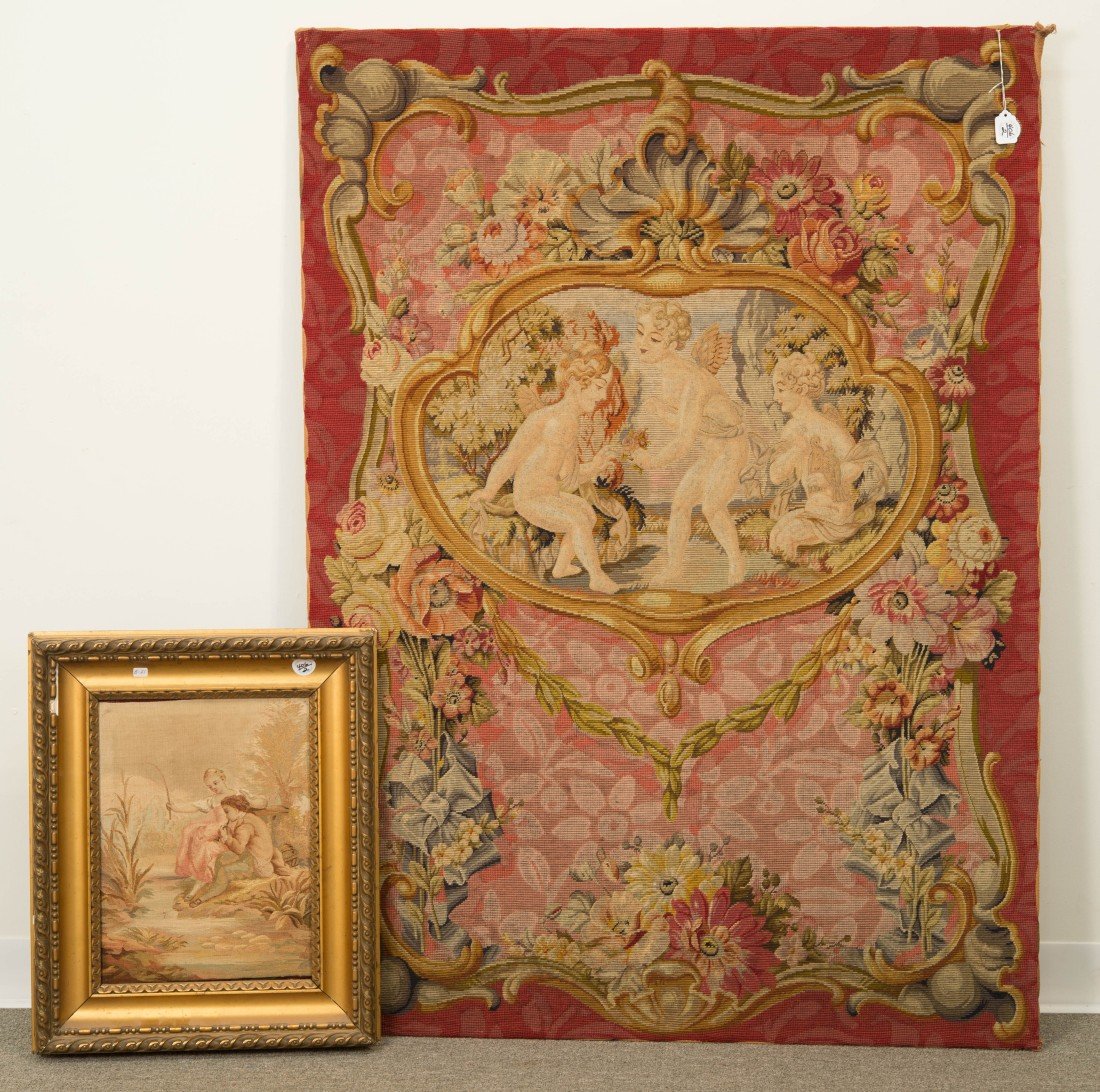 NEEDLEPOINT PANEL DEPICTING PUTTI;: NEEDLEPOINT PANEL DEPICTING PUTTI; height: 54 in., width: 39 in.; together with FRAMED AUBOUSSON TAPESTRY PANEL, height: 22 in., width: 18 in.