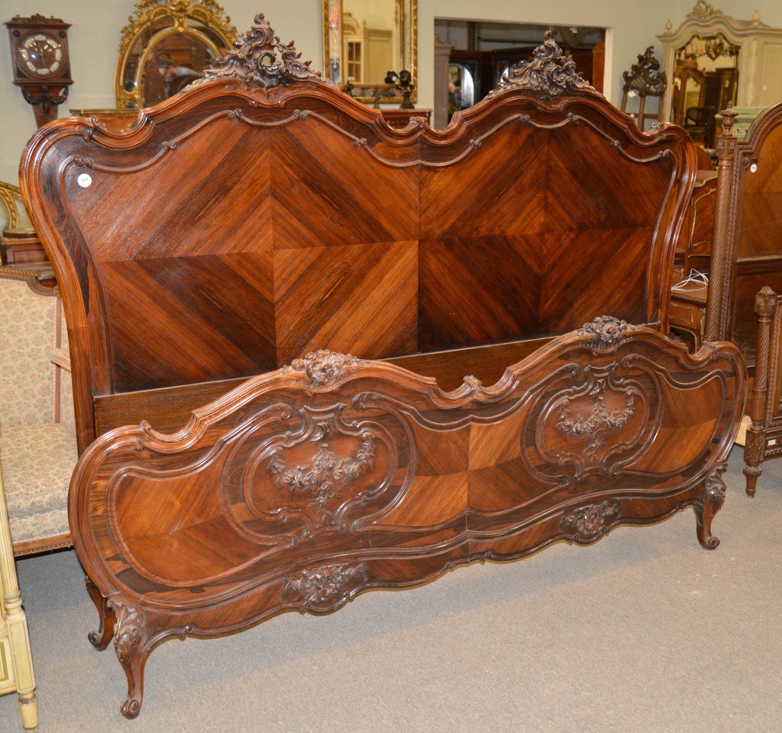 LOUIS XV STYLE ROSEWOOD ROCOCO CARVED KING SIZE BED;: LOUIS XV STYLE ROSEWOOD ROCOCO CARVED KING SIZE BED; height: 68 in., width: 86 in.