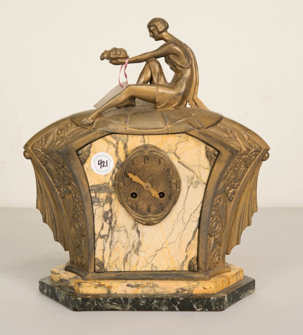 ART DECO STYLE MARBLE AND GILT METAL FIGURAL CLOCK;: ART DECO STYLE MARBLE AND GILT METAL FIGURAL CLOCK; height: 16 in.