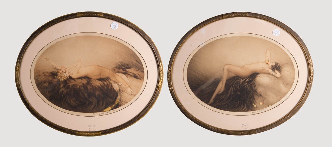 LOUIS ICART, (French, 1888-1950), VENUS and EVE, two: LOUIS ICART (French, 1888-1950) VENUS and EVE two etchings with color aquatint; both signed Louis Icart, l.r.; Copyright 1928 by Louis Icart, Paris, u.l.; each bearing L.I. Paris blindstamp, l.l.; pla