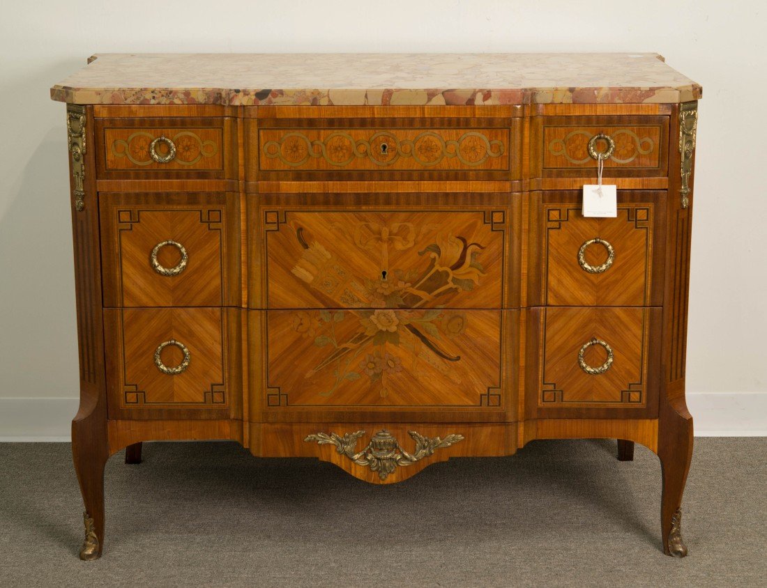 NAPOLEON III STYLE INLAID COMMODE;: NAPOLEON III STYLE MARQUETRY AND PARQUETRY INLAID ORMOLU MOUNTED THREE DRAWER COMMODE; height: 35 in., width: 46 in., depth: 23 in.