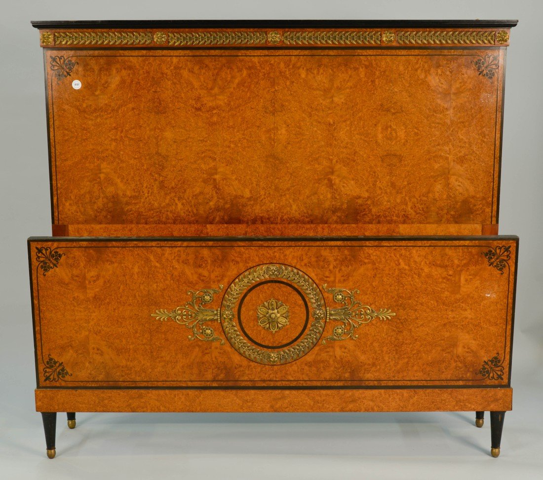 EMPIRE STYLE EBONY AND BURLED CITRONNIER QUEEN SIZE BED;: EMPIRE STYLE EBONY AND BURLED CITRONNIER ORMOLU MOUNTED QUEEN SIZE BED; height: 59 in., width: 65 in.