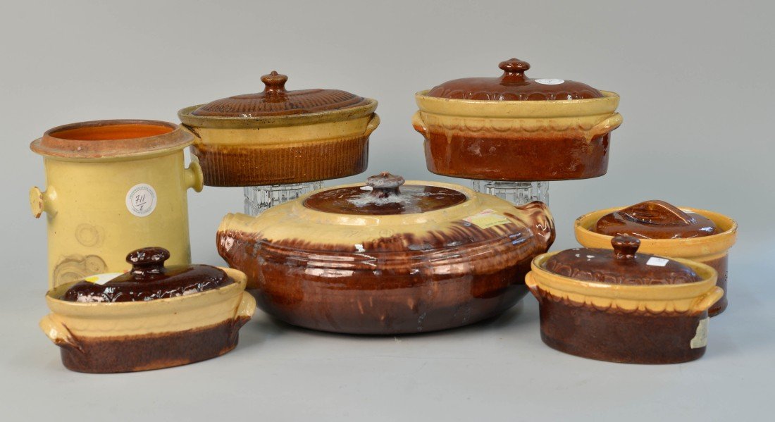 EIGHT FRENCH EARTHENWARE KITCHEN VESSELS, 19th century;: EIGHT FRENCH EARTHENWARE KITCHEN VESSELS, 19th century; height of tallest: 8 in.