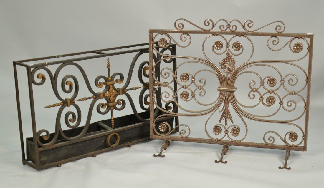 FRENCH ART DECO IRON FIRESCREEN AND UMBRELLA STAND;: FRENCH ART DECO IRON FIRESCREEN AND A PAINTED IRON UMBRELLA STAND; height of tallest: 31l width: 36 in.