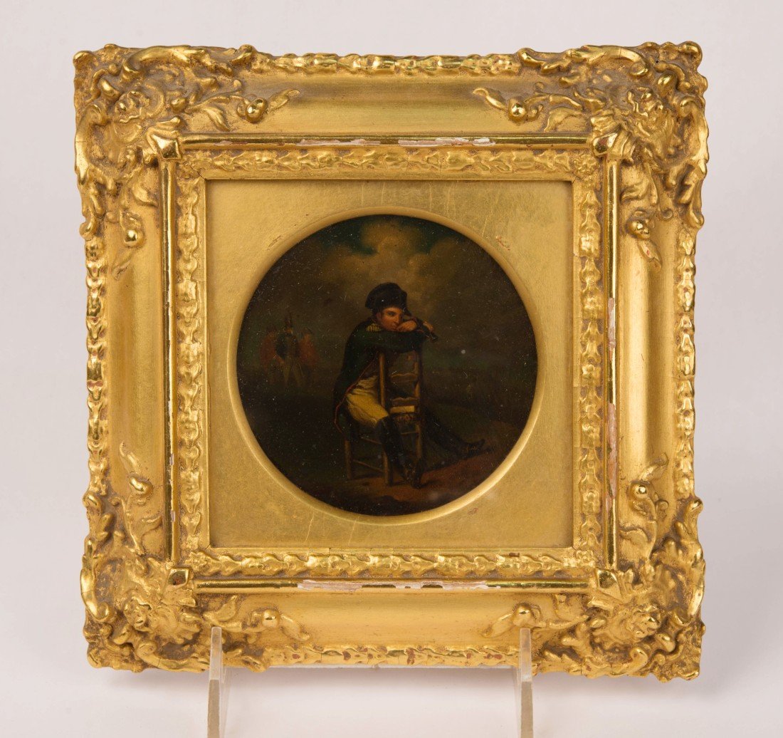 FRENCH SCHOOL , (18th century), SEATED FRENCH: FRENCH SCHOOL (18th century) SEATED FRENCH REVOLUTIONARY WAR SOLDIER oil on panel; sight diameter: 3 1/2 in. (7 1/2 X 7 1/2 in.)