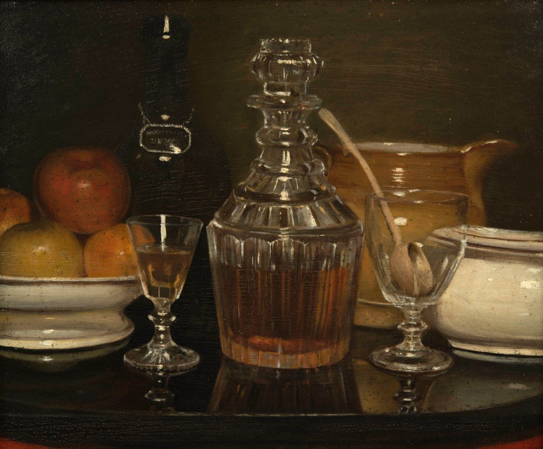 CHESTER HARDING, (American, 1792-1866), STILL LIFE:: CHESTER HARDING (American, 1792-1866) STILL LIFE: MOUNTAIN DEW ca. 1827; oil on panel; 15 x 18 in. (20 x 23 in.) Exhibitions: The Boston Athenaeum, 1827; "The Apple of America: The Apple in 19th Centu