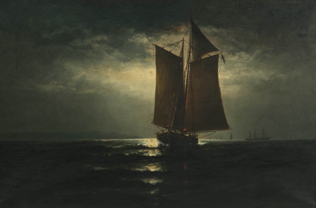 WESLEY WEBBER, (American, 1841-1914), SAILING BY: WESLEY WEBBER (American, 1841-1914) SAILING BY MOONLIGHT oil on canvas; signed, l.r.; bears label fragment for an indecipherable Boston gallery, verso; 20 x 30 in. (25 x 34 in.)