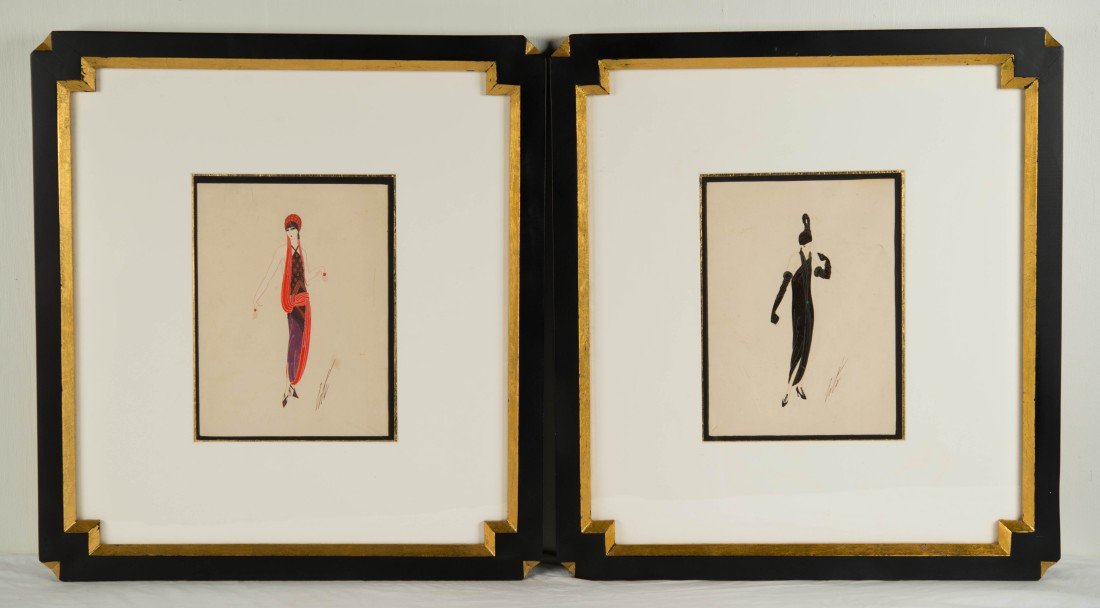 ERTE , (French/Russian, 1892-1990), PAIR OF COSTUME: ERTE (French/Russian, 1892-1990) PAIR OF COSTUME DESIGNS FOR MGM STUDIOS ca. 1925; two watercolors on paper; each signed, l.r.; 11 x 9 in. (25 x 23 in.) each Provenance: A gift from the artist to Anni