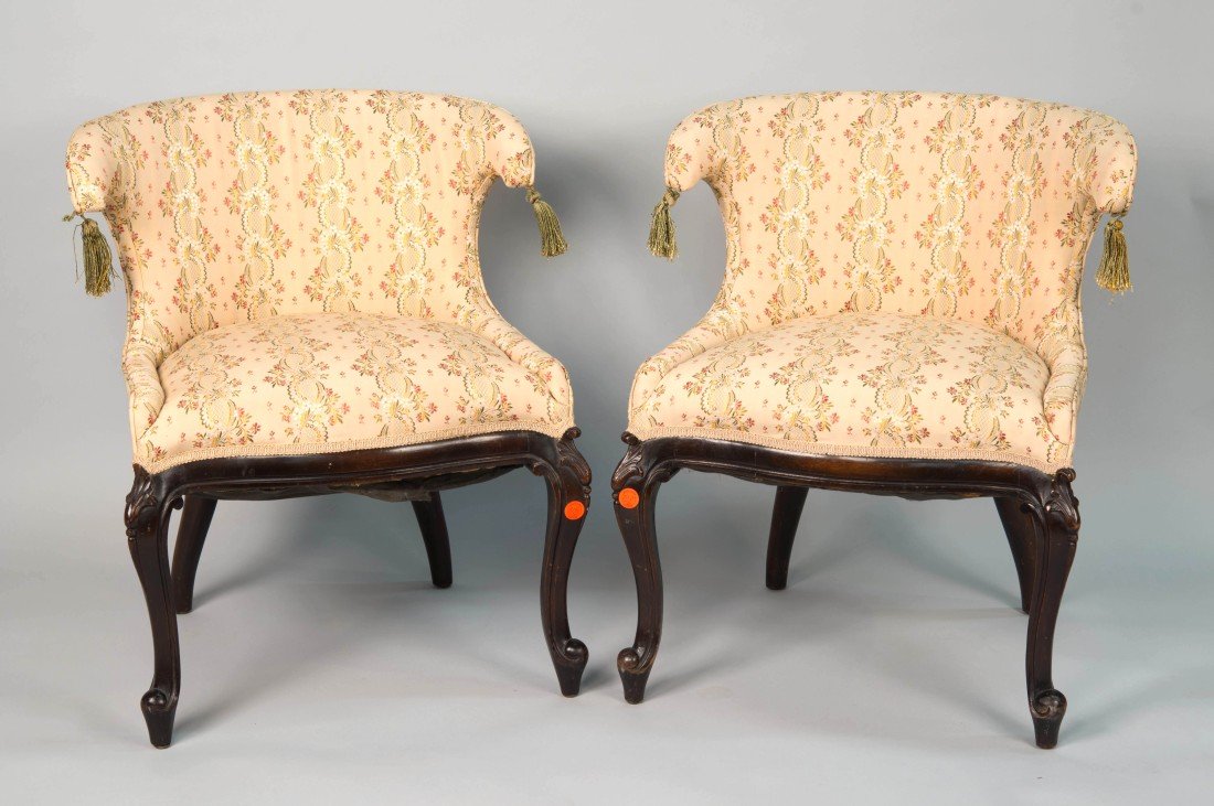 PAIR VICTORIAN CARVED MAHOGANY SLIPPER CHAIRS;: PAIR VICTORIAN CARVED MAHOGANY SLIPPER CHAIRS;