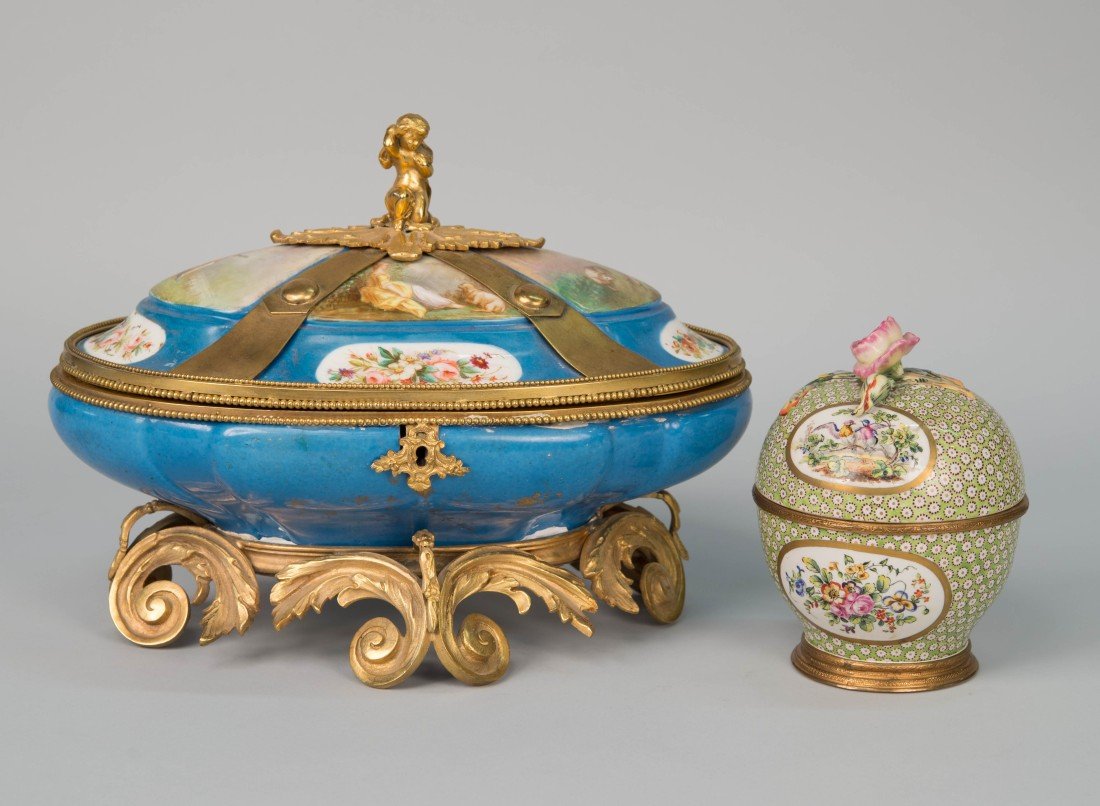 "SEVRES" BLEU CELESTE GROUND ORMOLU MOUNTED PORCELAIN: "SEVRES" BLEU CELESTE GROUND ORMOLU MOUNTED PORCELAIN COVERED SERVING DISH; height: 8 1/2 in.; length: 12 in.; together with a SEVRES ORMOLU MOUNTED PORCELAIN COVERED BOX, with rose knop and marked on