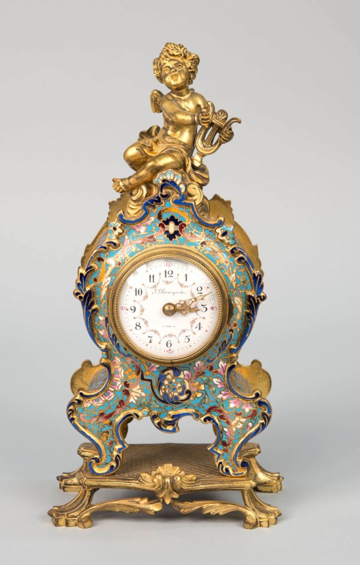LOUIS XV STYLE CHAMPLEVE AND ORMOLU DESK CLOCK, T.: LOUIS XV STYLE CHAMPLEVE AND ORMOLU DESK CLOCK, T. Brecquite, Paris, late 19th century; the works stamped LF ; height: 12 in.
