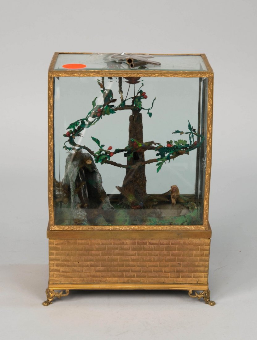FRENCH SINGING BIRD MUSICAL AUTOMATON DIORAMA;: FRENCH SINGING BIRD MUSICAL AUTOMATON DIORAMA; with three singing birds; height: 10 1/4 in.; width: 6 3/4 in.