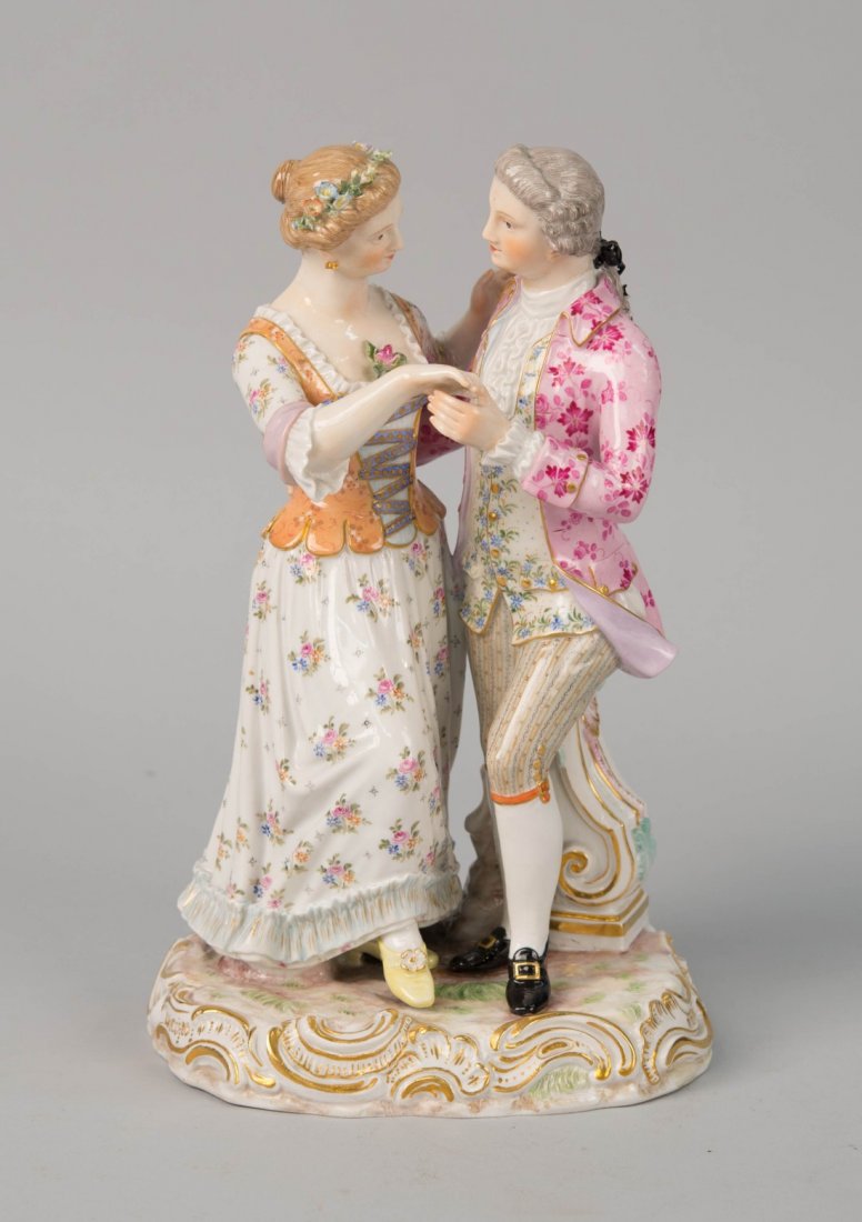 MEISSEN PORCELAIN FIGURAL GROUP, 19th century;: MEISSEN PORCELAIN FIGURAL GROUP, 19th century; depicting a dancing couple; bearing crossed swords mark in underglaze blue and incised mark 94 and N 118; height: 10 in.