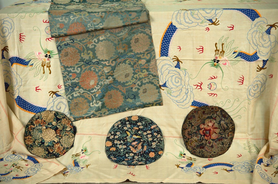 CHINOISSERIE SILK EMBROIDERED DRAGON TABLE CLOTH;: CHINOISSERIE SILK EMBROIDERED DRAGON TABLE CLOTH; 100 x 62 in.; together with FOUR SMALL CHINOISSERIE TEXTILES