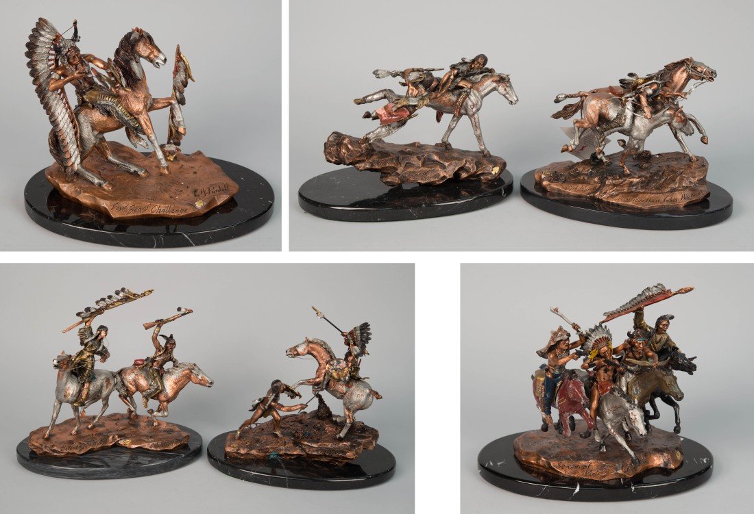 SET OF SIX LIMITED EDITION C. A. PARDELL BRONZE: SET OF SIX LIMITED EDITION C. A. PARDELL BRONZE SCULPTURES FROM THE "LEGEND" SERIES; including: "Season of Victory", "American Horse", "Unexpected Return", "Four Bears Challenge", "Defending the Peopl