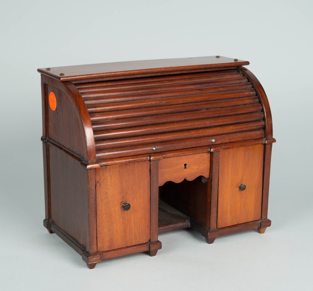 GEORGIAN MAHOGANY MINIATURE ROLL TOP DESK TEA CADDY;: GEORGIAN MAHGANY MINIATURE ROLL TOP DESK TEA CADDY; height: 9 1/2 in; length: 12 in.