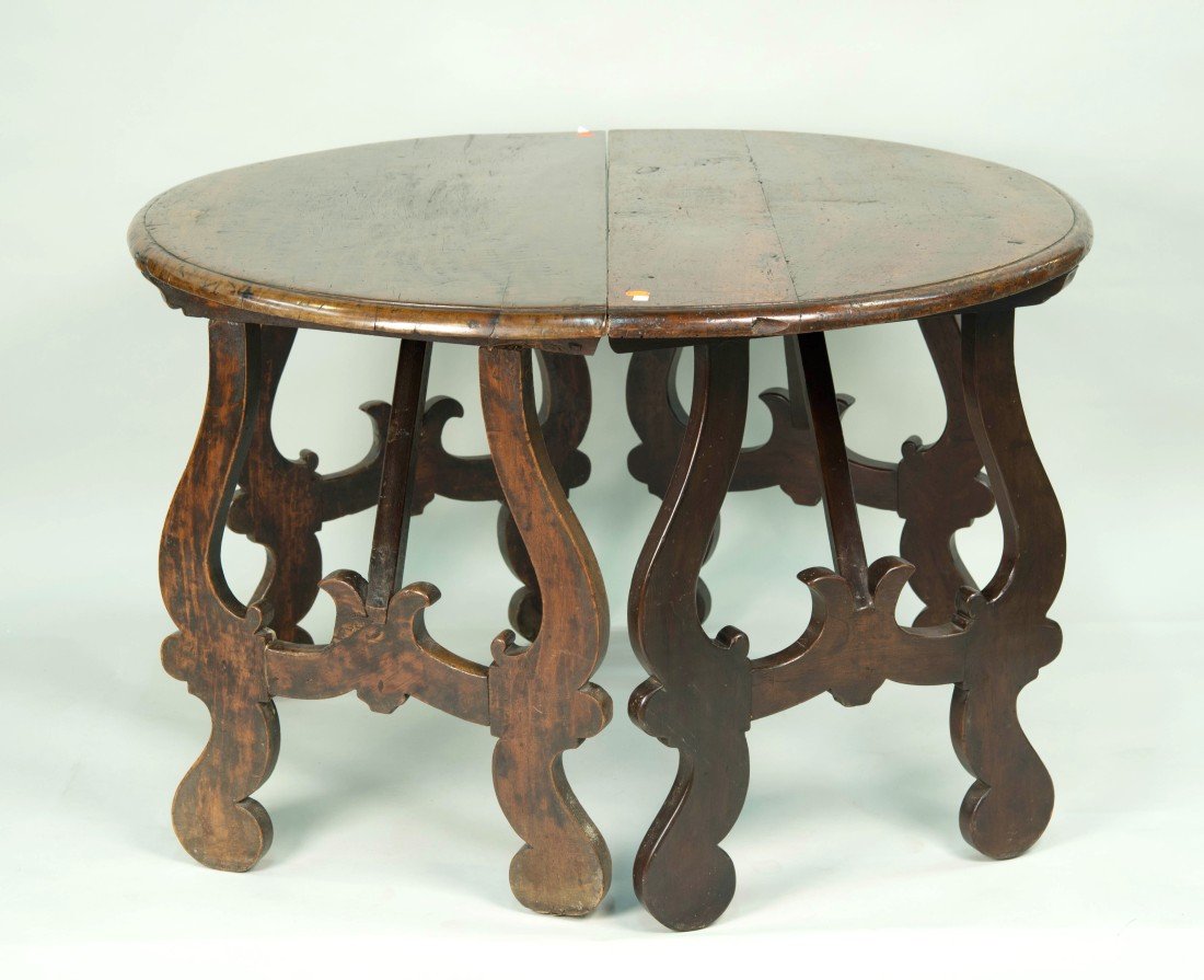 PAIR OF CONTINENTAL FRUITWOOD DEMILUNE CONSOLE TABLES,: PAIR OF CONTINENTAL FRUITWOOD DEMILUNE CONSOLE TABLES, 18th/19th century; height: 31 in.; width: 53 in.; depth: 24 in.